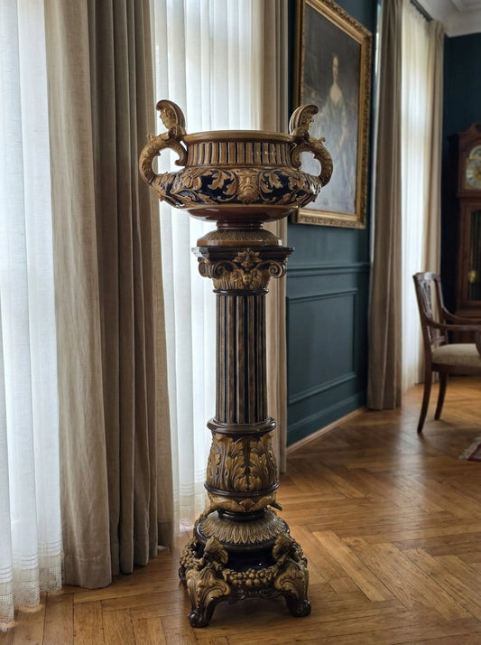 Antike Majolika Blumensäule um 1890 Gründerzeit Historismus Jardiniere 2-teilig