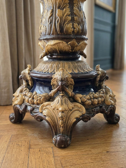 Antike Majolika Blumensäule um 1890 Gründerzeit Historismus Jardiniere 2-teilig