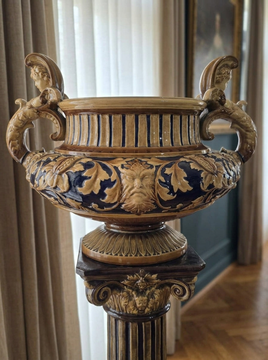 Antike Majolika Blumensäule um 1890 Gründerzeit Historismus Jardiniere 2-teilig
