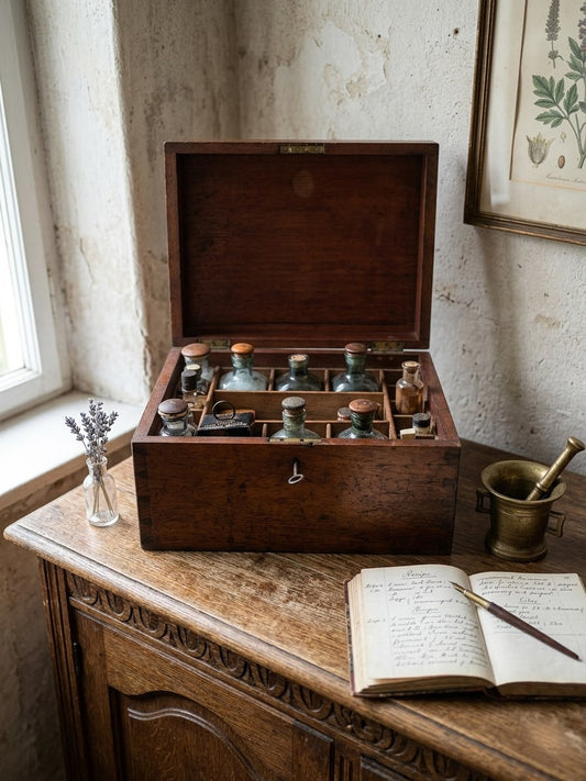Vintage Antik Holz Medizinische Apotheker Kiste mit Glas-Flaschen und Zubehör
