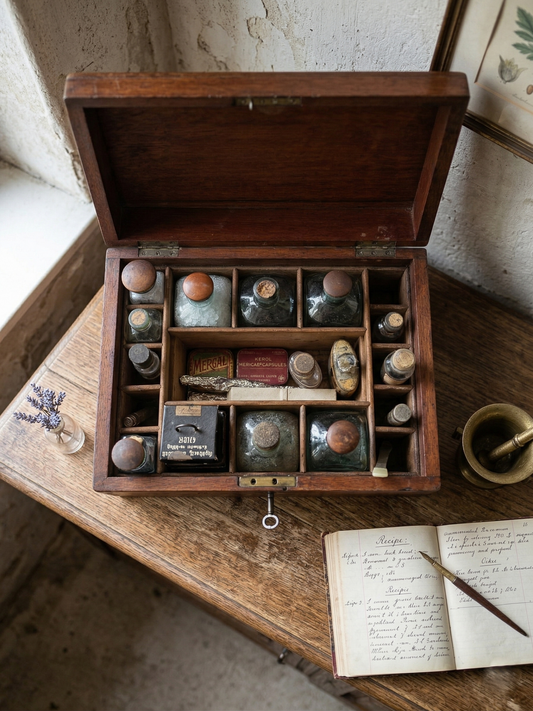 Vintage Antik Holz Medizinische Apotheker Kiste mit Glas-Flaschen und Zubehör