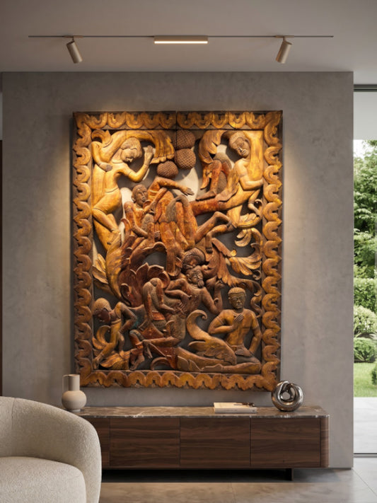 Holz Wandrelief Südostasien - genaues Alter und Herkunft unbekannt - 129x170 cm