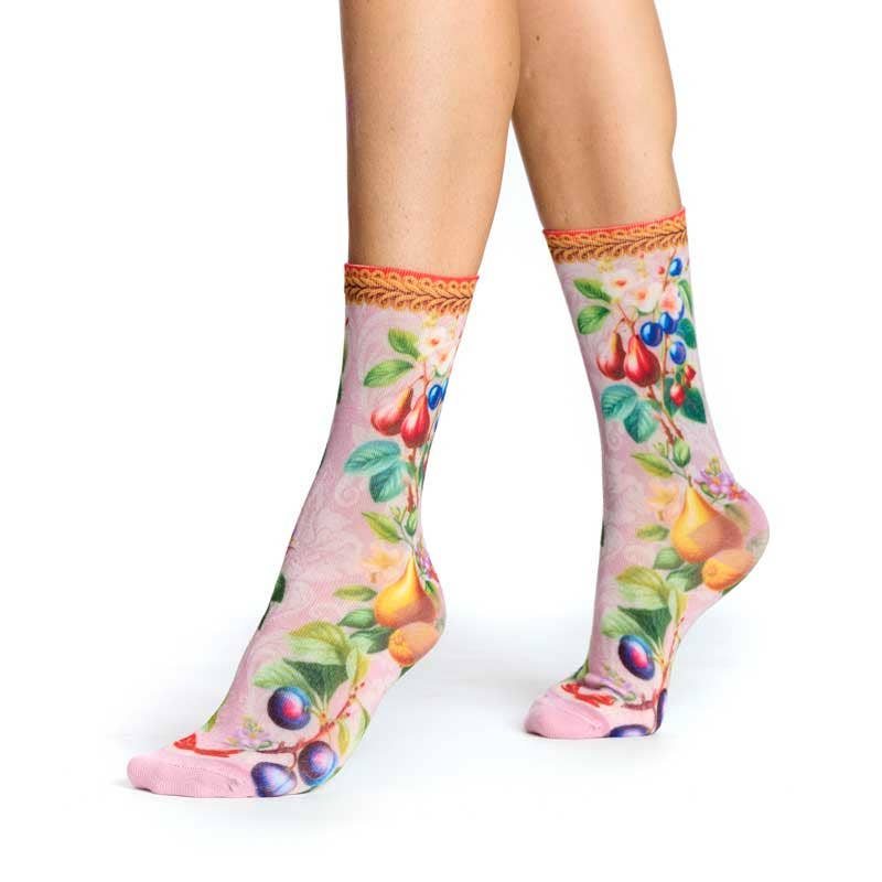 Ruban Rouge Bunte Socken mit Fruchtmuster auf pudrigem Rosa – Größe 36/41
